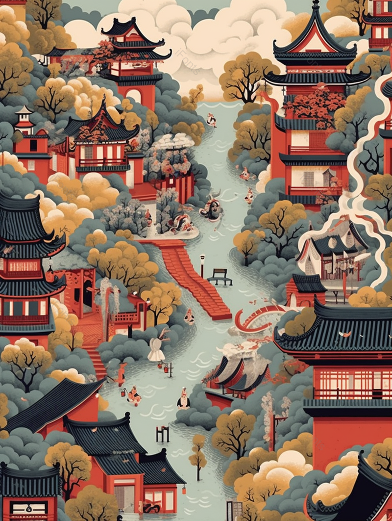 街道集市传统建筑中国风国潮插画背景,插画/手绘图,插画/手绘图库,插画/手绘图下载,插画/手绘